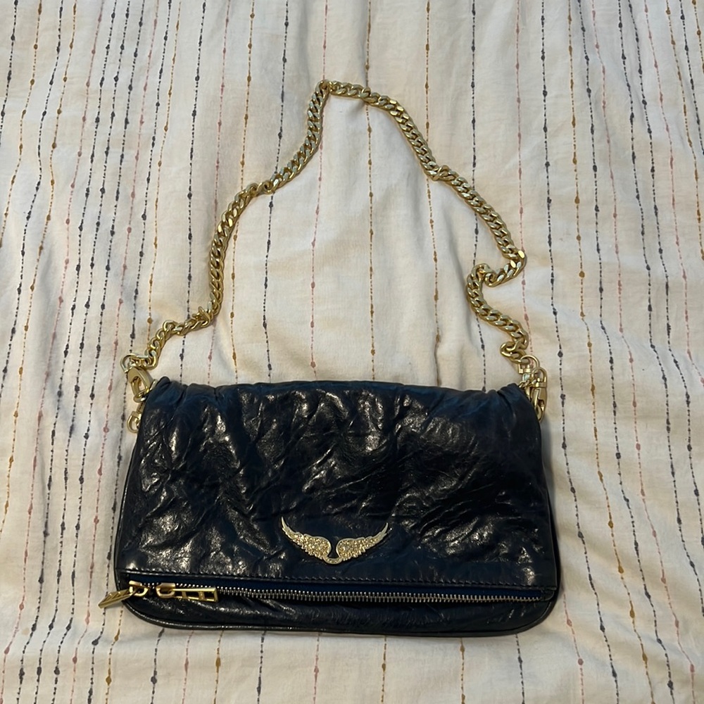 Zaria and Voltaire blue cross body bag with gold chain